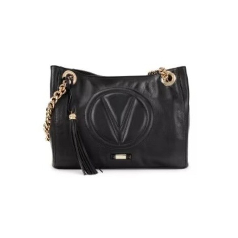Valentino Black Leather Tote with Silver Chain Accents